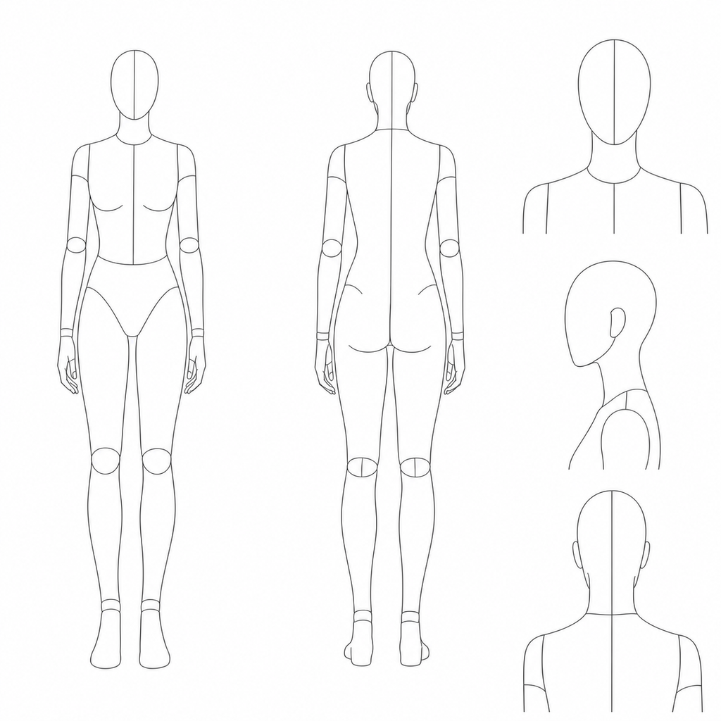 Character sheet layout with full-body and facial reference areas