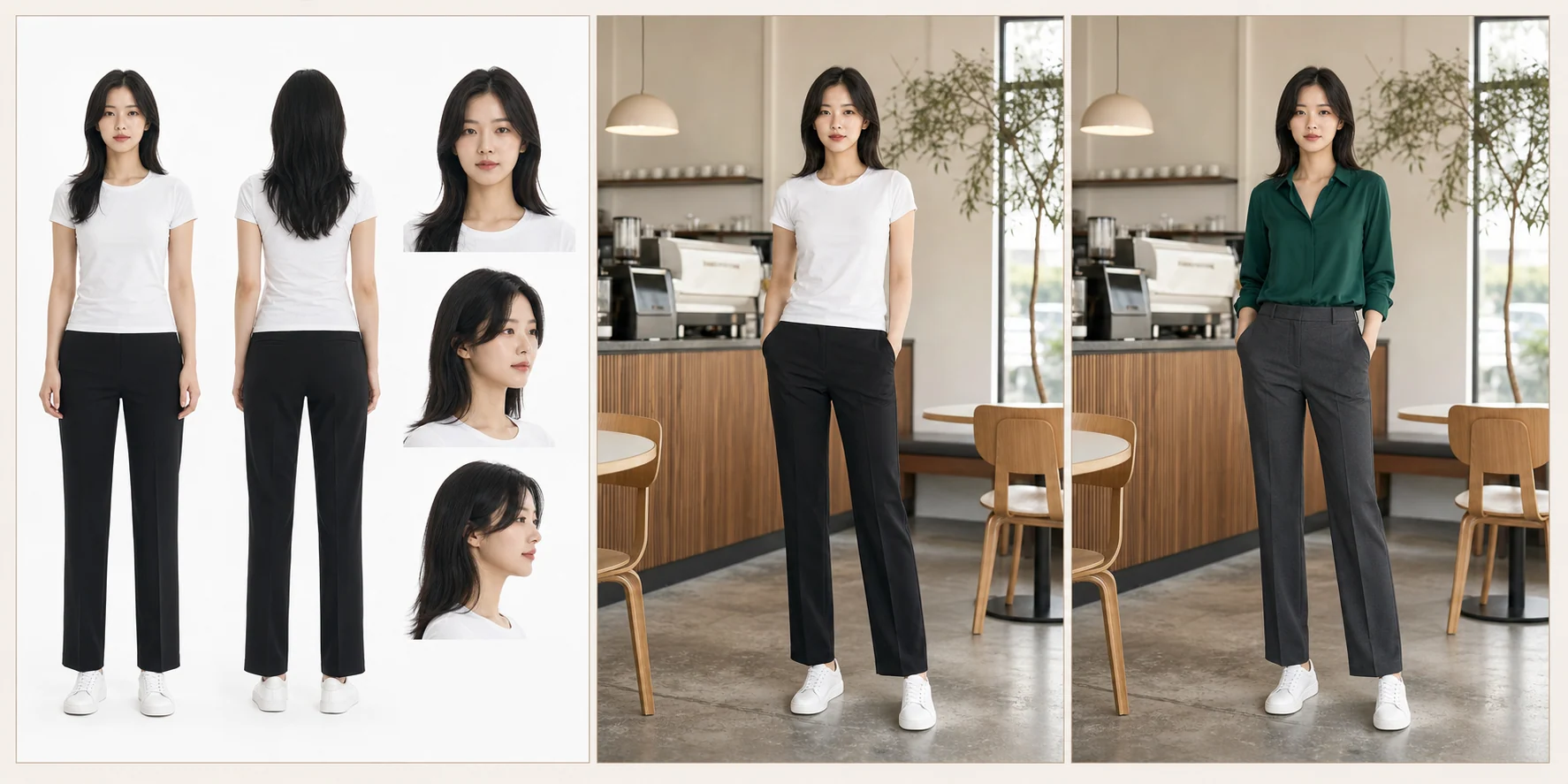 Character sheet, lookbook base, and virtual try-on result shown from left to right